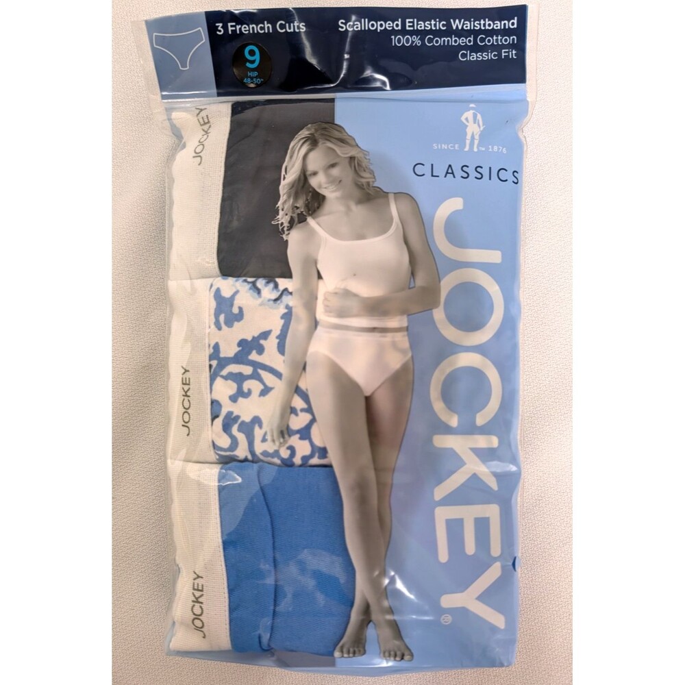 Jockey Classics 3 French Cuts white elastic waistband size 9 blue Floral Mix